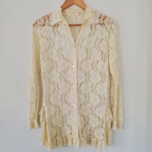 Cream Floral Lace Sheer LS Blouse Button Up Ruffle Hem Vintage Fairy Whimsigoth